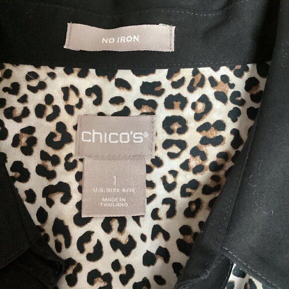 Chico's 1 (M/8) No-Iron Button-Up Contrast Black Trim Leopard Print Shirt 168D - Picture 6 of 7
